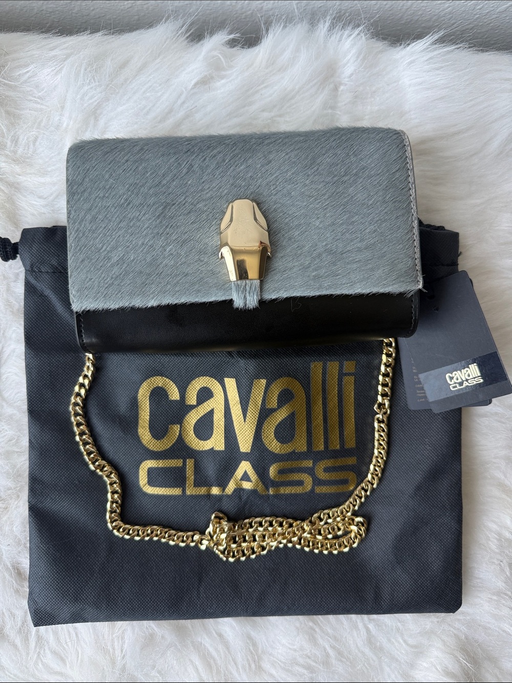 Cavalli Class Gray Haircalf and Black Leather Crossbody with Gold Chain